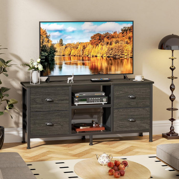 TV Stand with 4 Drawers, 43 Inch Entertainment Center with Open Shelves, Media Center for 50" TV, Television Stand for Bedroom, Living Room/Light Black Oak