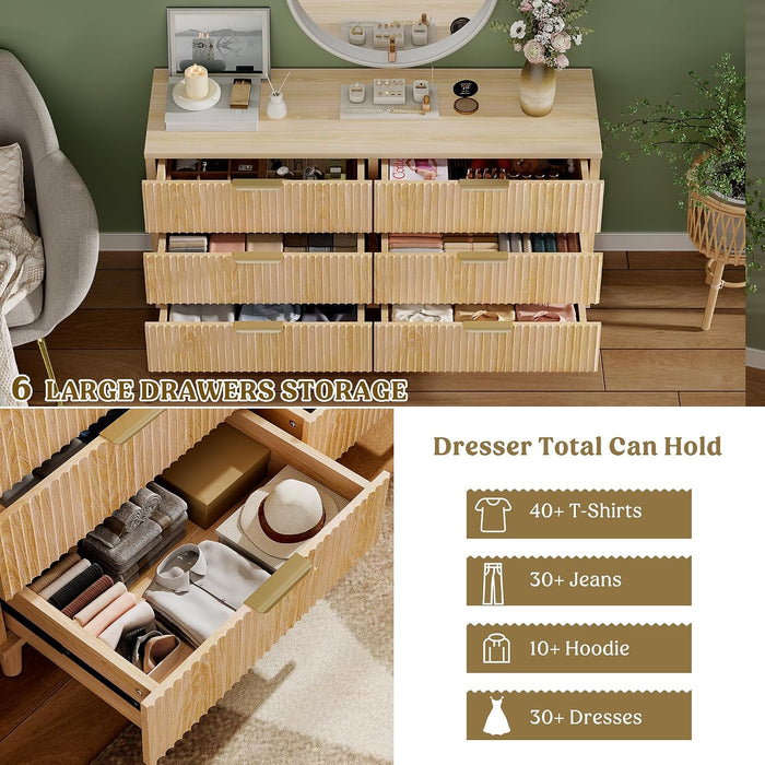 Wood 6 Drawers Dresser, 53.2" W Fluted Modern Dressers for Bedroom