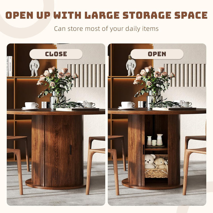 47 Inch round Dining Table for 4-6, Circle Farmhouse Kitchen Table with Storage Space, Wood Strip Base for Dining Room, Living Room, Lunch (Dark Brown)