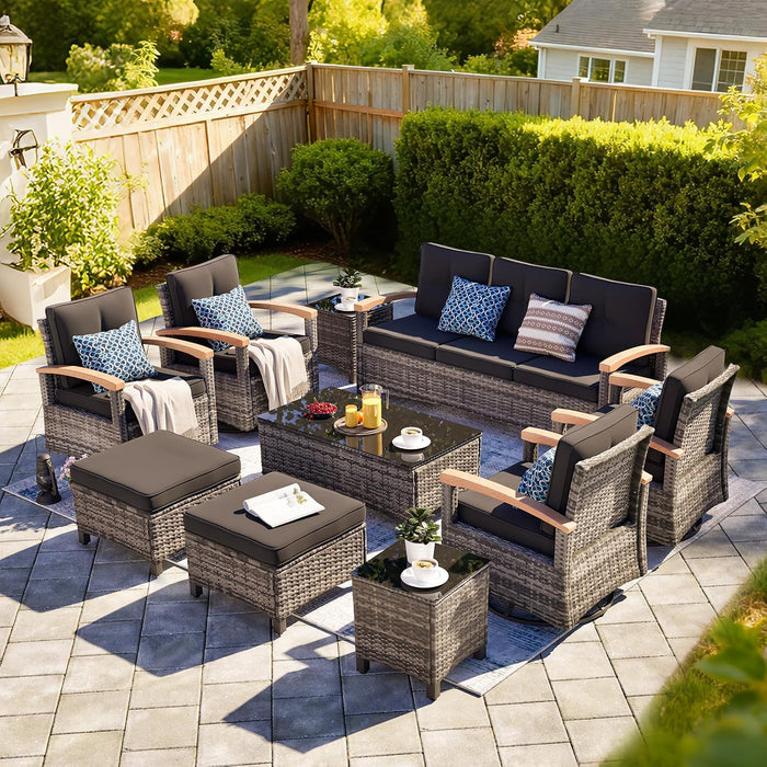 10 Pieces Patio Furniture Sets,Wicker Patio Conversation Sets with 4 Wood Armrests Swivel Glide Chairs, 2 Ottoman, 3-Seat Sofa and Coffee Table (Black)