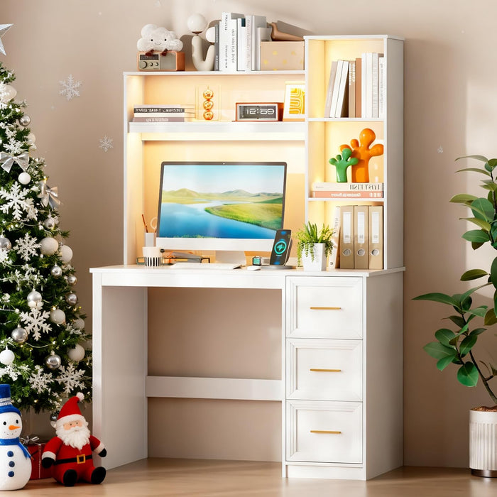 40” Home Office Desk with Hutch and Drawers, Computer Desk with Power Outlets and LED Light, Study Writing Gaming Table with Storage Shelves, Workstation for Bedroom, White