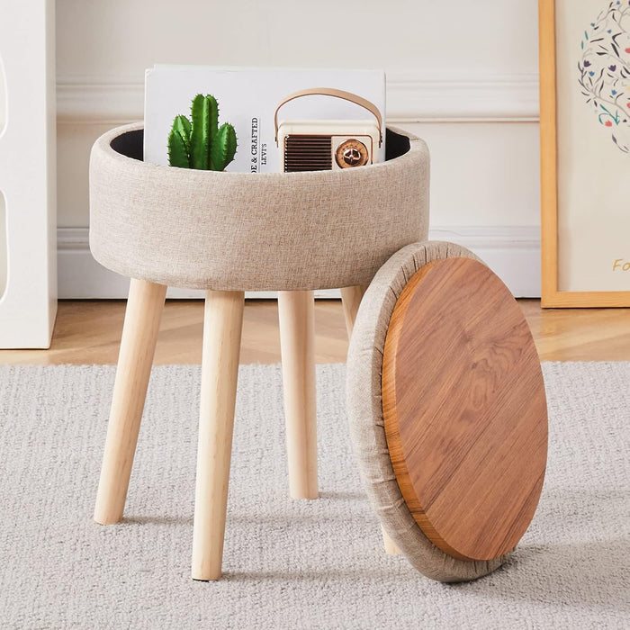 Storage Ottoman Linen round Vanity Stool Tray Top Modern Foot Stool with Wood Legs Multifunctional Upholstered Foot Ottoman Rest for Living Room, Bathroom, Makeup (Khaki)