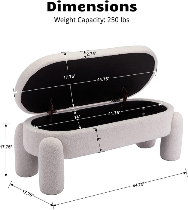 Boucle Storage Ottoman Bench, 44.7 Inches Sherpa Upholstered Storage Bench, End of Bed Bench for Bedroom Entryway Living Room, White
