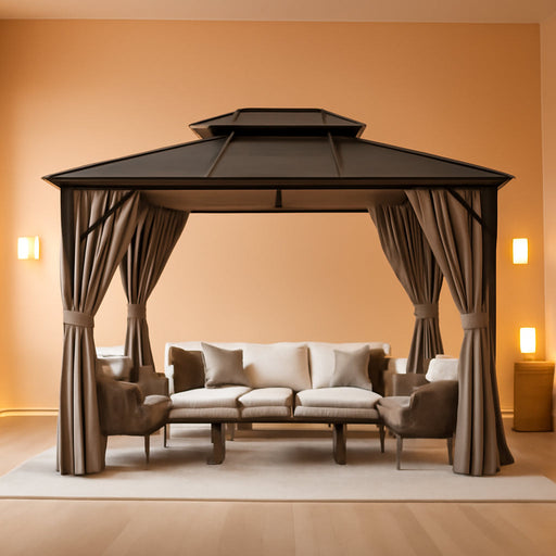 10'X13' Hardtop Gazebo, Double Polycarbonate Roof, All-Weather Heavy-Duty Aluminum Frame, Netting & Curtains, Permanent Outdoor Pavilion for Patio, Garden, Lawn, Khaki