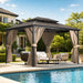 10'X13' Hardtop Gazebo, Double Polycarbonate Roof, All-Weather Heavy-Duty Aluminum Frame, Netting & Curtains, Permanent Outdoor Pavilion for Patio, Garden, Lawn, Khaki