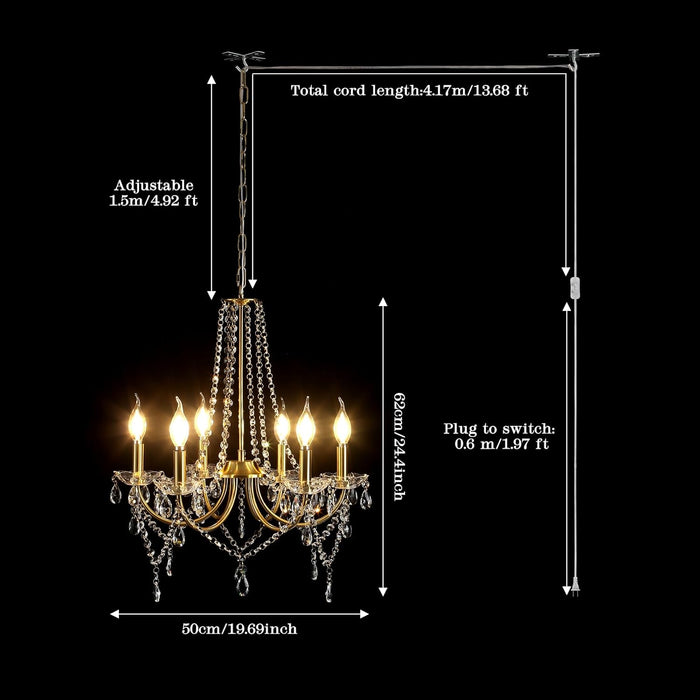 Gold Crystal Plug In ChandelierCrystalPendant 6 Light