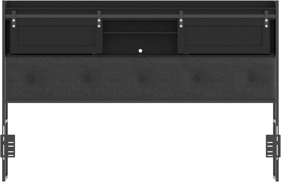 Queen Size Headboard Only with Storage, Upholstered Headboard with Charging Station and LED Light, Sturdy and Stable, Easy to Assemble (Black+Barn Door, Queen)