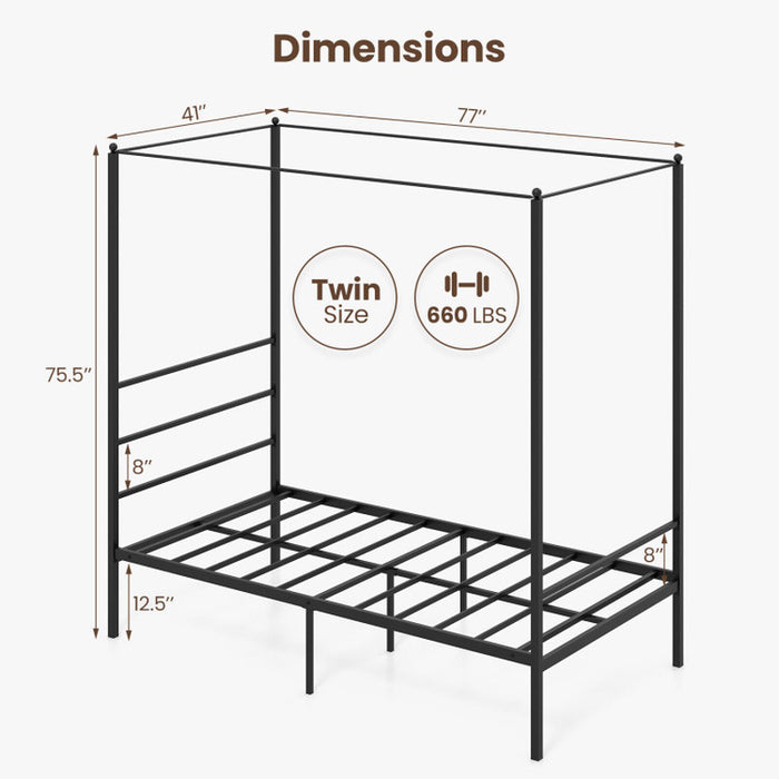 Twin/Full/Queen Size Metal Canopy Bed Frame with Slat Support