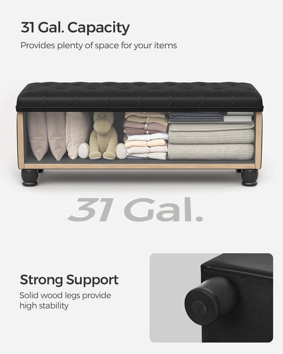 Storage Ottoman, Storage Bench, Tufted Entryway Bedroom Bench, 17.7 X 46.5 X 17.7 Inches, Hinges Easy Lid Operation, Wooden Legs, Synthetic Leather, Loads 330 Lb, Classic Black ULOM071B01