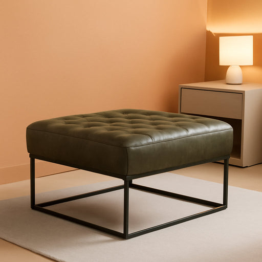 Modern Genuine Leather Square Coffee Table, 30'' Farmhouse Ottoman for Living Room, Large Vintage Genuine Leather Coffee Tables with Leather Upholstered Padded Seat Olive Green