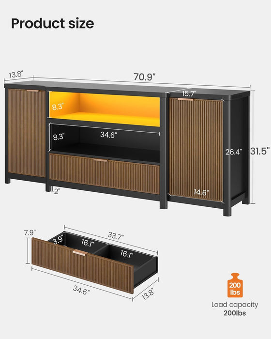 Fluted TV Stand for Living Room, 71” Heavy-Duty TV Console Cabinet with Storage and Shelf, Mid Century Modern Television Stands with Drawers for 60/65/70/75/80 TV, Black