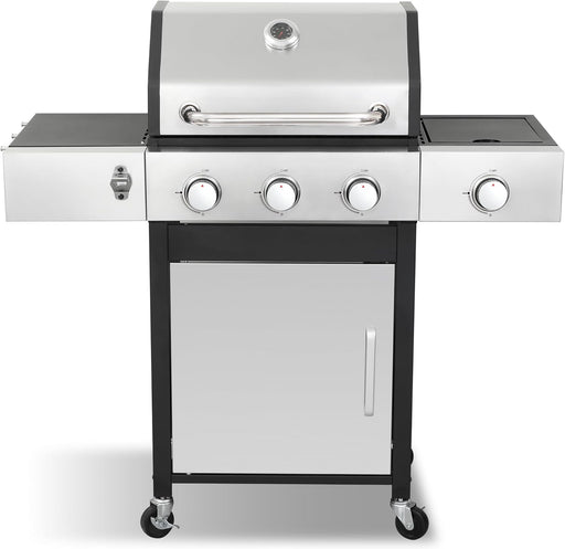 Gas Grill with Side Burner, 3-Burner Propane Grill with Porcelain-Enameled Cast Iron Grates and Double-Wall Insulated Lid, 39,000 BTU BBQ Grill with Wheels for Outdoor Cooking