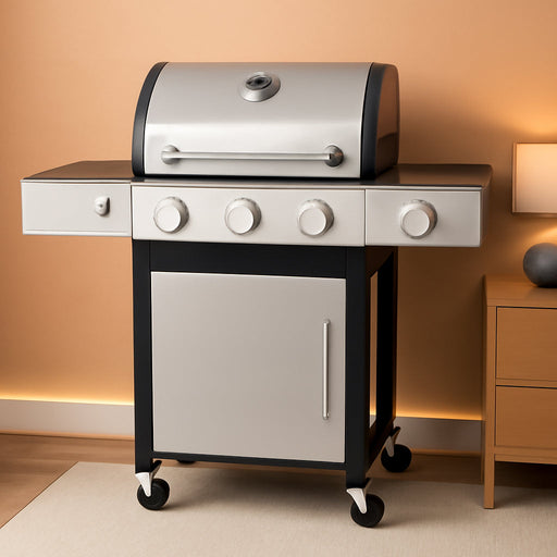 Gas Grill with Side Burner, 3-Burner Propane Grill with Porcelain-Enameled Cast Iron Grates and Double-Wall Insulated Lid, 39,000 BTU BBQ Grill with Wheels for Outdoor Cooking