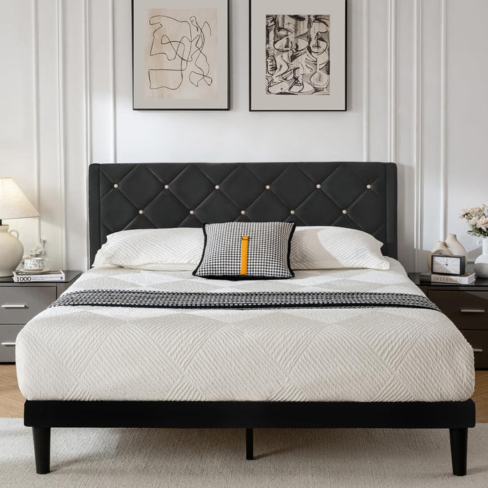 Full Size Platform Bed Frame with Velvet Headboard