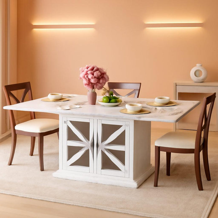 Modern Dining Table for 4 to 6, White Rectangle Kitchen Table with Storage, Wooden Pedestal Dining Room Table with Fridge Space, Large Dinner Tables for Home,Living Room,White Faux Marble, 63 Inch