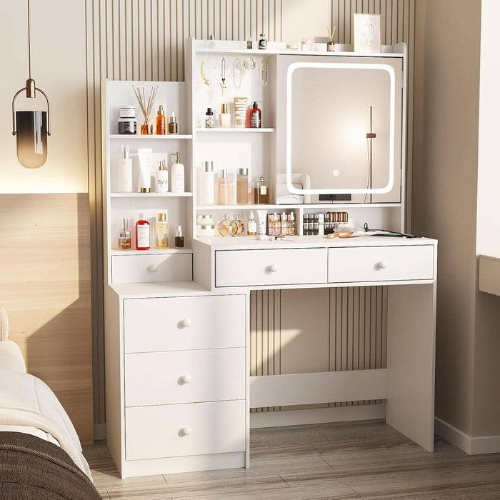 Vanity Desk with Mirror and Lights,Makeup Vanity with 6 Drawers and Shelves,Dressing Table with Power Outlet,Makeup Desk with Led Lighted Mirror in 3 Colors,For Bedroom,White
