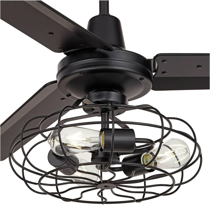 52" Plaza Rustic Industrial Vintage 3 Blade Ceiling Fan with Light Kit LED Remote Control Matte Black Cage 3-Light for House Bedroom Living Room Home Kitchen Dining Office