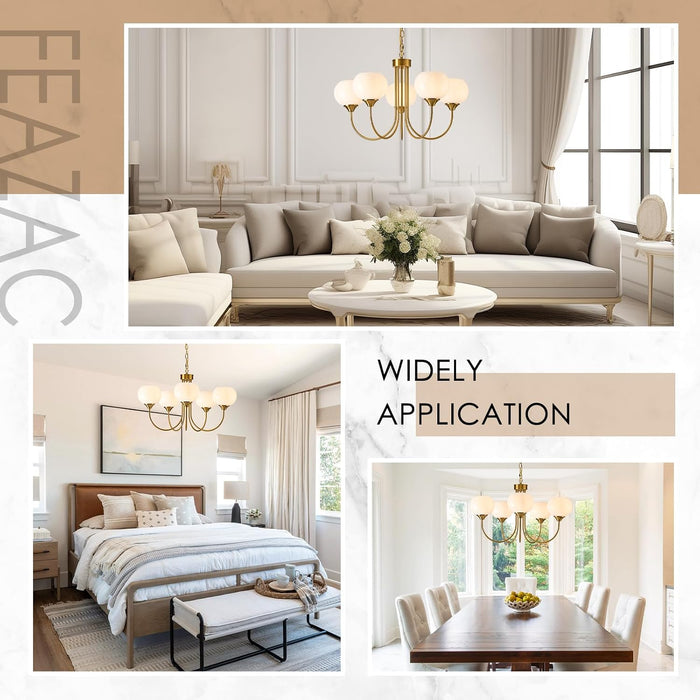 Goldtone Finish Five Lighting Milk Glass Chandelier