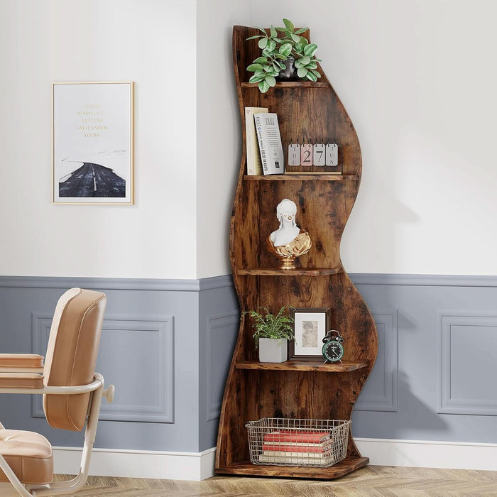 Corner Shelf, Rustic 5-Tier Wall Corner Bookshelf, Stylish Corner Small Bookcase Storage Rack Plant Stand with Unique Shape for Living Room, Home Office (1PC, Brown)