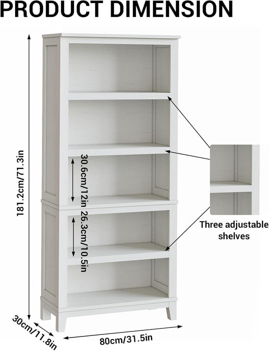 71" Farmhouse Bookcase, 5-Tier Bookshelf with Adjustable Shelves | Adjustable Shelves, Easy Assembly