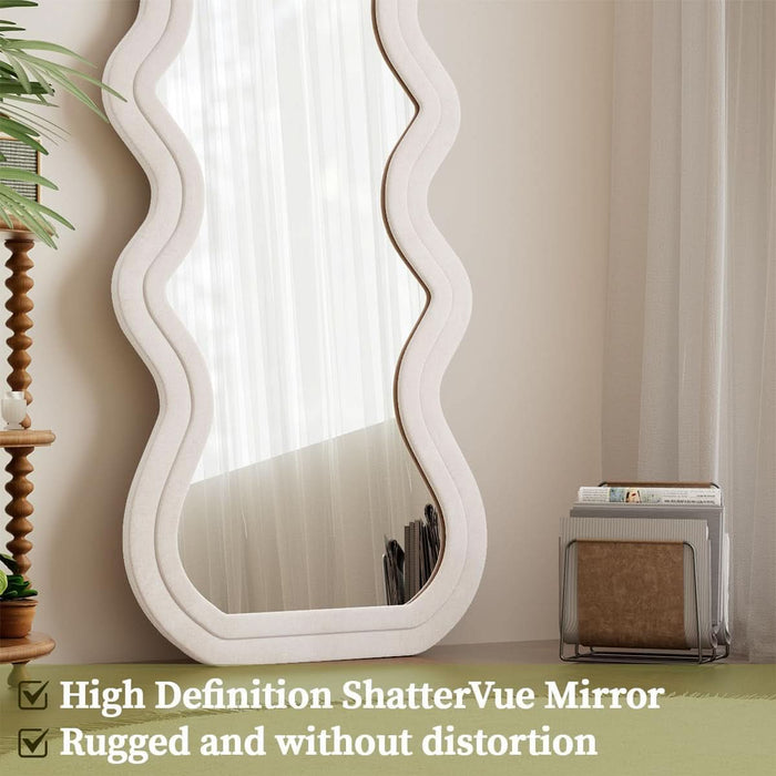 71"X32" Irregular Mirror Full Length, Large Full Body Freely Standing Mirror, Flannel Wave Floor Mirror with Stand for Bedroom, Living Room, Hanging or against the Wall, White