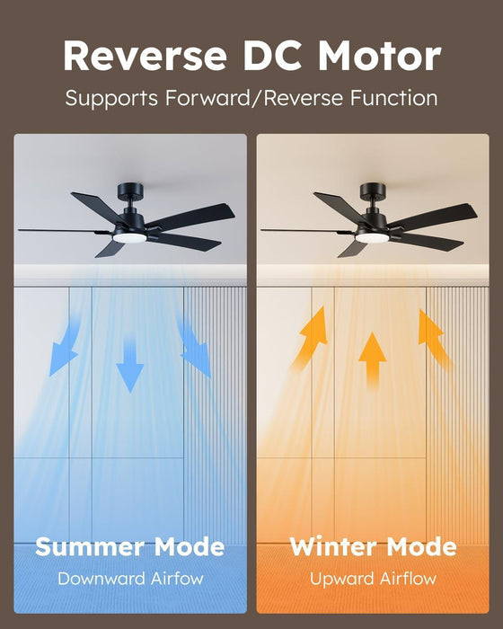 52 Inch Ceiling Fans with Lights and Remote, Black Ceiling Fan, Downrod Style with 5 Blades, Modern Design for Indoor Bedroom Living Room/Outdoor, 6 Speed Reversible DC Motor, 3CCT Dimmable LED