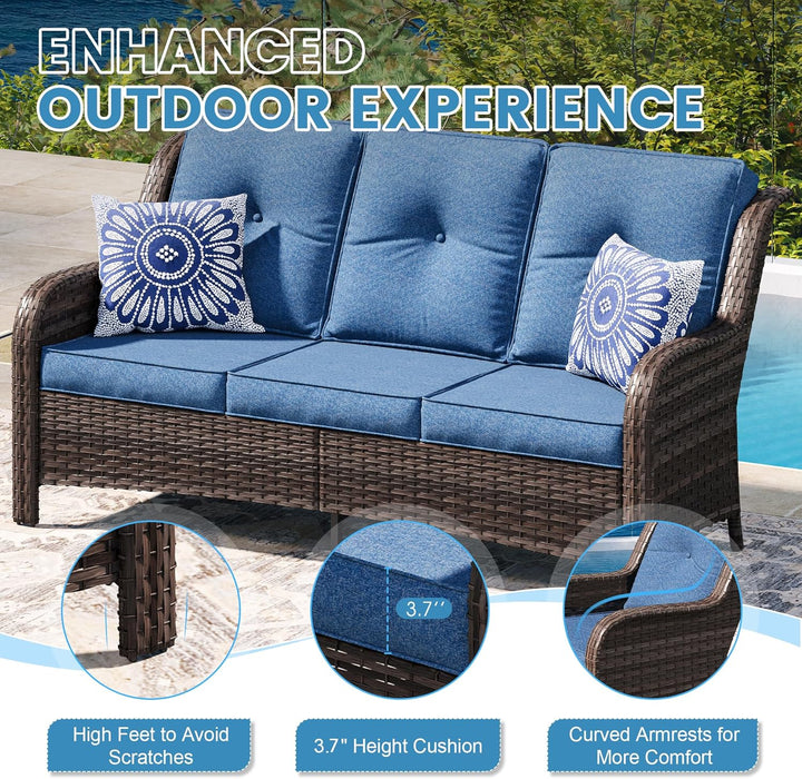 4 Pieces Outdoor Patio Furniture Set with Fire Pit Table, Wicker Chairs Set with Washable Cushions and Patio Couch Sofa, PE Rattan Conversation Set for Garden Porch Balcony, Blue