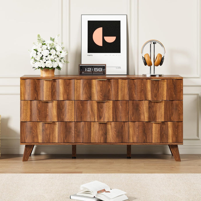 Contemporary Walnut 9 Drawer Dresser Fluted Fronts