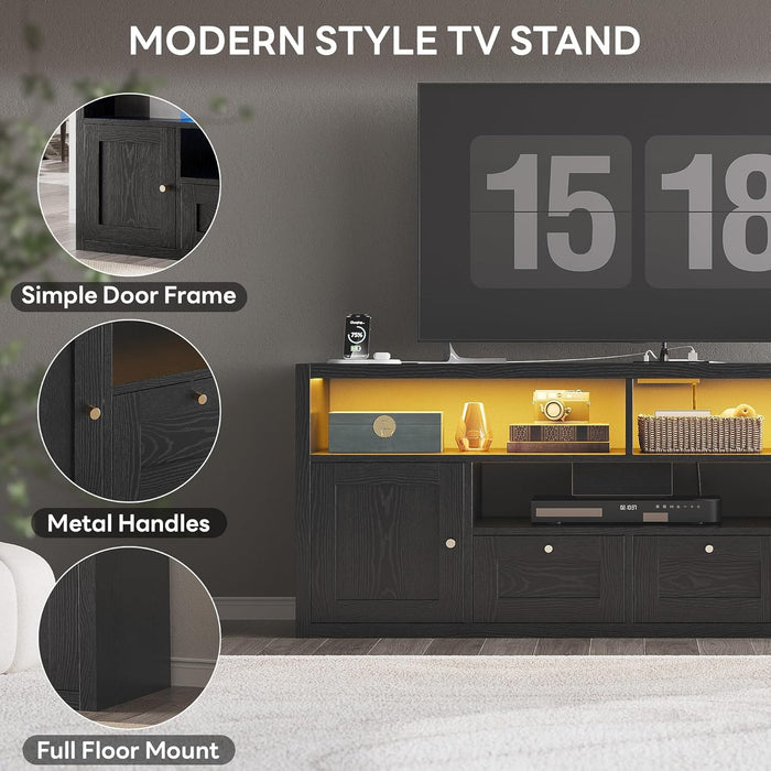 Premium Black TV Stand with 1" Thick Top for 65" TV, Modern TV Console with LED Lights, Charging Station & Storage, High-End Entertainment Center for Living Room and Bedroom