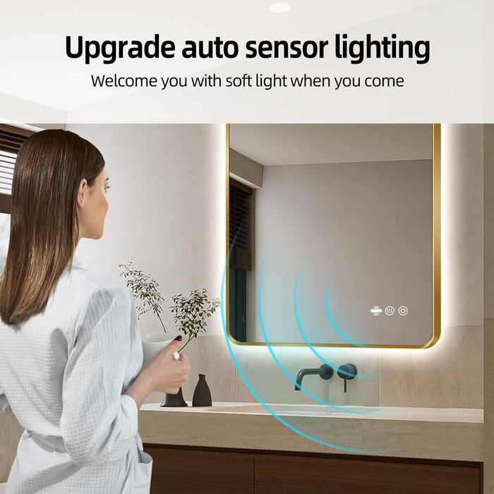 28" X 36" Gold LED Bathroom Mirror with Lights - Motion Sensor
