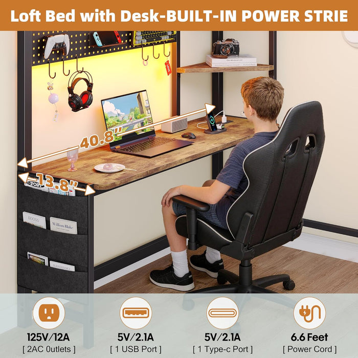 Twin Loft Bed with Desk, Twin Bed Frame with 6 Storage Drawers, 2 Bedside Organizer,3 Movable Hooks,Led Lights & Charging Station,Bunk Bed with Desk, Clothes Rack,Safety Guardrail,Rustic Brown