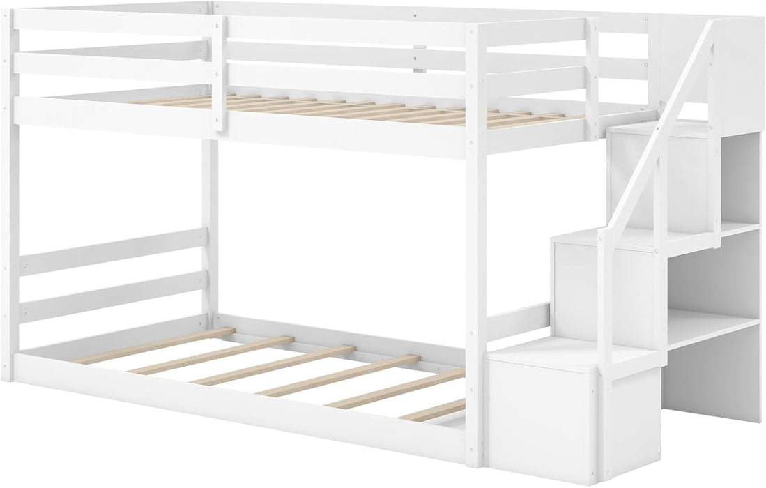 Twin over Twin Bunk Bed with Stairs, Solid Wood Floor Bunk Bed with Storage Staircase & Full-Length Guardrails, Low Bunk Bed with for Kids, Teens, Adults, Dorm, Small Space, White