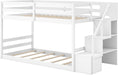 Twin over Twin Bunk Bed with Stairs, Solid Wood Floor Bunk Bed with Storage Staircase & Full-Length Guardrails, Low Bunk Bed with for Kids, Teens, Adults, Dorm, Small Space, White