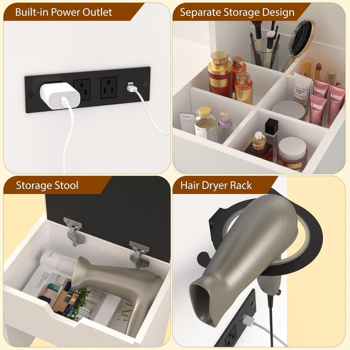 Vanity Desk with Mirror and Lights, 39.2"W X 15.5"D X 57.1"H White Makeup Vanity with Charging Station, Dressing Table with Storage Chair Set, 3 Lighting Modes Adjustable Brightness for Bedroom