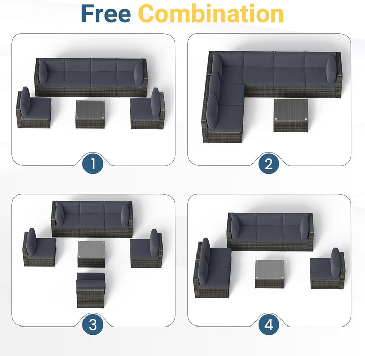 7 Piece Outdoor Patio Furniture Set, All Weather Wicker Rattan Sectional Sofa Conversation Set with Cushions & Large Glass Coffee Table, Ideal for Garden Backyard Porch, Dark Grey