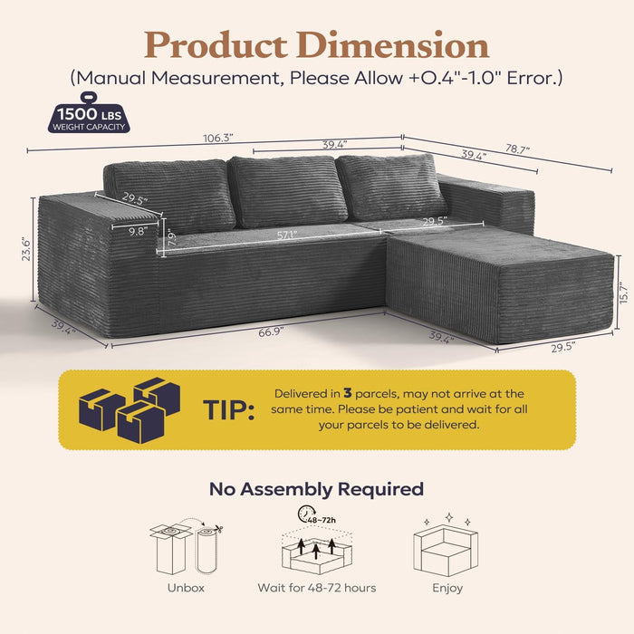 106 Inches Modular Sectional Sofa RightFacing Grey