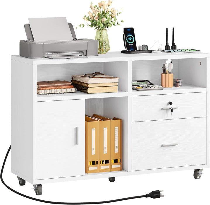 White Filing Cabinet with Charging Station & Lock