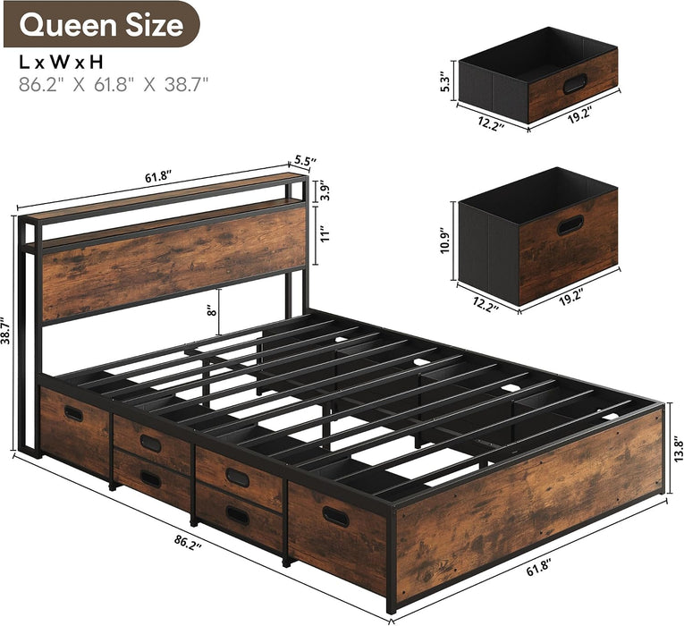 Queen Size Bed Frame with 12 Storage Drawers and Headboard