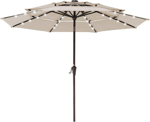 3 Tiers Patio Umbrella with Solar Lights 9Ft Outdoor Market Table Umbrellas with Push Button Tilt for outside Pool Garden, Tan