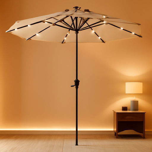 3 Tiers Patio Umbrella with Solar Lights 9Ft Outdoor Market Table Umbrellas with Push Button Tilt for outside Pool Garden, Tan