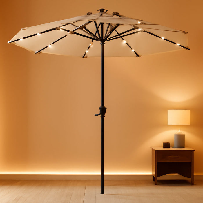 3 Tiers Patio Umbrella with Solar Lights 9Ft Outdoor Market Table Umbrellas with Push Button Tilt for outside Pool Garden, Tan