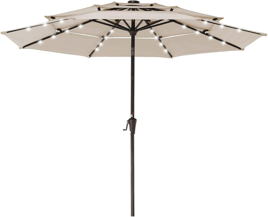 3 Tiers Patio Umbrella with Solar Lights 9Ft Outdoor Market Table Umbrellas with Push Button Tilt for outside Pool Garden, Tan