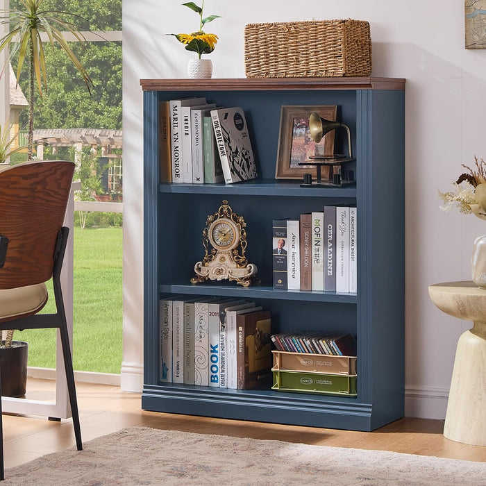 43" Blue Bookshelf, 3 Tier Farmhouse Small Wooden Book Shelf