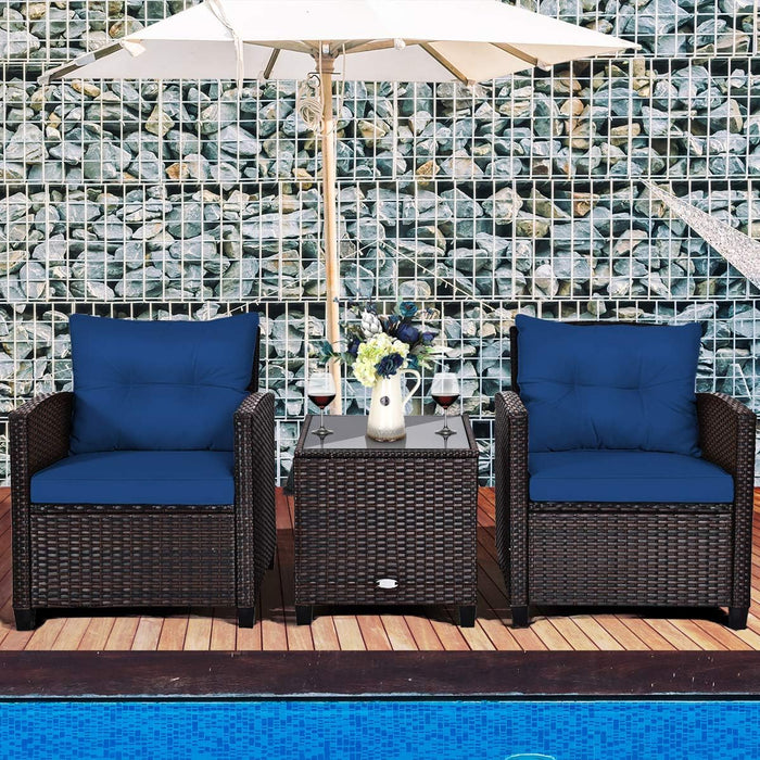 3 Piece Patio Furniture Set, Outdoor Conversation Set with Washable Cushions & Tempered Glass Tabletop, PE Rattan Wicker Bistro Set for Porch, Garden, Balcony (Navy Blue)