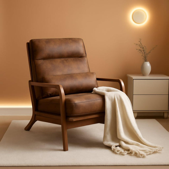 Accent Chair Mid-Century Modern Chair with Pillow High Back Bronzing Cloth Upholstered Lounge Arm Chair with Solid Wood Frame & Soft Cushion for Living Room, Bedroom, Balcony, Brown