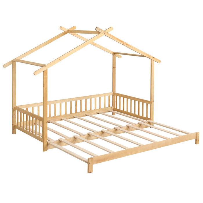 Extendable House Bed Twin to King Daybed with Roof and Fence Rails