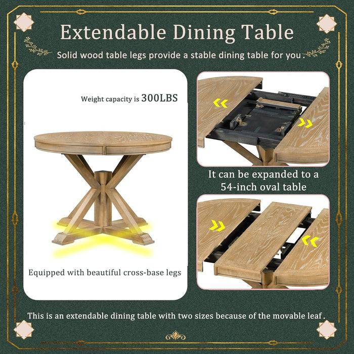 round Dining Table Set for 4-6, Extendable Kitchen Table Set with 4 Upholstered Chairs, Solid Wood Dining Table and Chairs Set for Kitchen, Dining Room, Natural