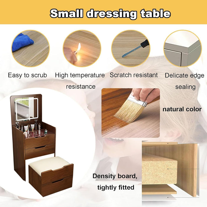 Walnut Compact Vanity Desk With Illuminated Mirror