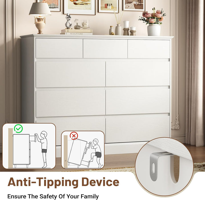 9-Drawer Dresser for Bedroom, 47.2" Wide Handleless Design, White