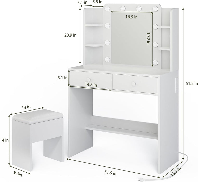 Makeup Vanity Desk with Mirror, 10 LED Lights and Charging Station, White Vanity with Adjustable Lighting, Dressing Table Set with Storage Chair Drawers Shelves for Bedroom